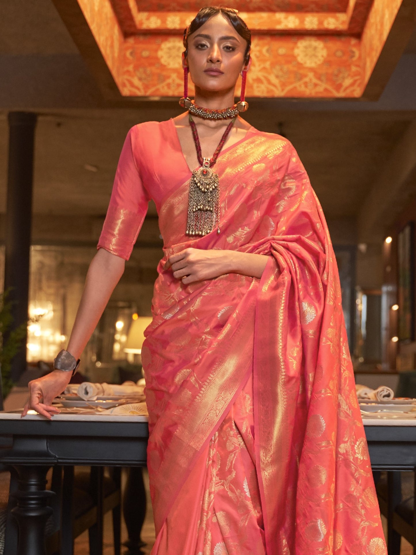 Rose Pink Woven Banarasi Saree