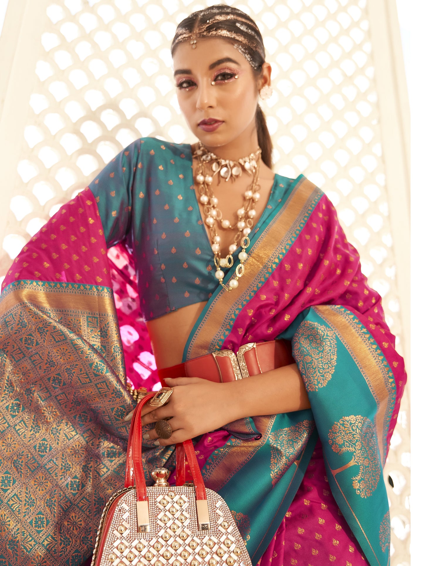 Byzantine Magenta Woven Banarasi Soft Silk Saree
