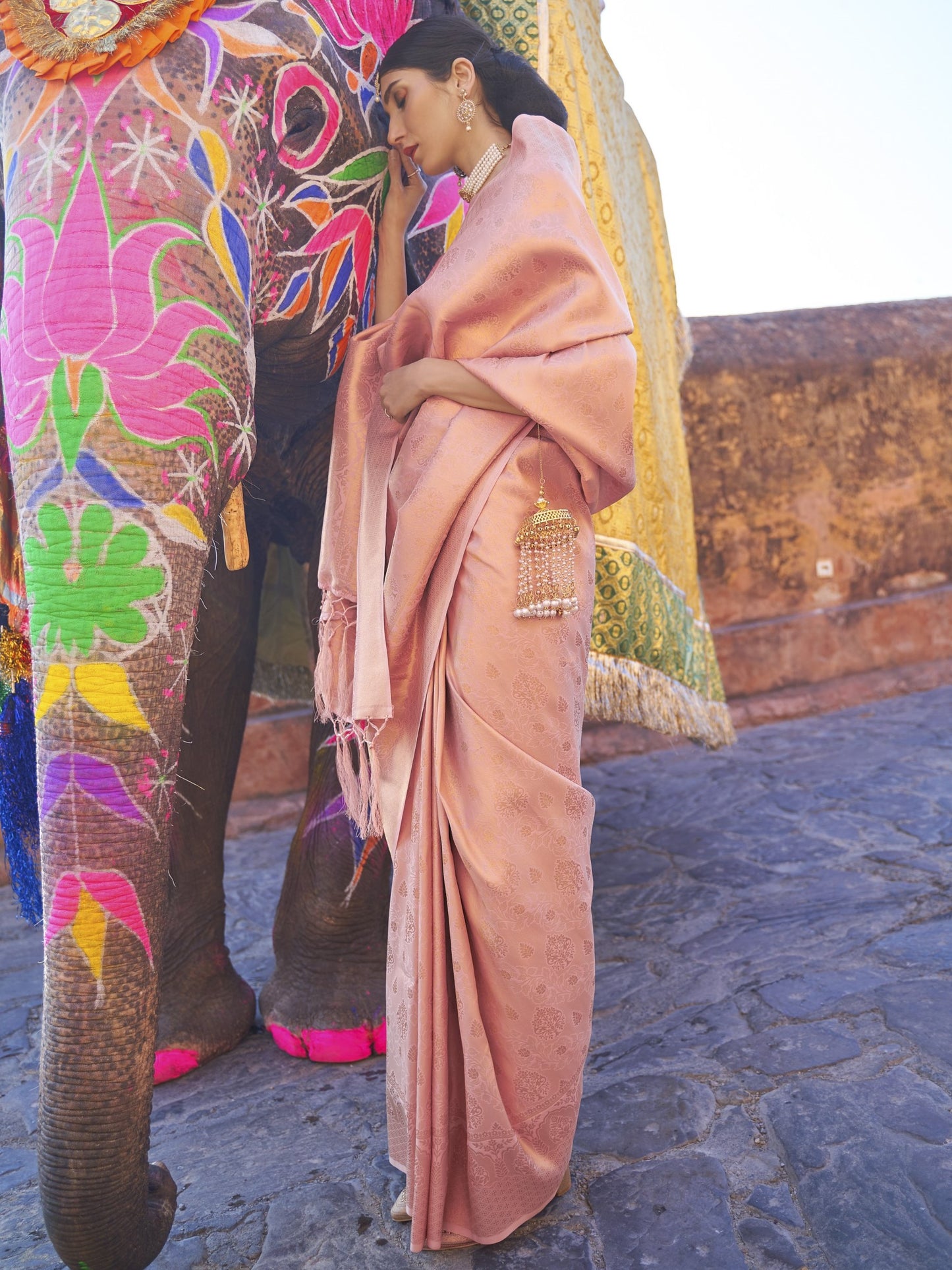 Tan Pink Kanjivaram Saree