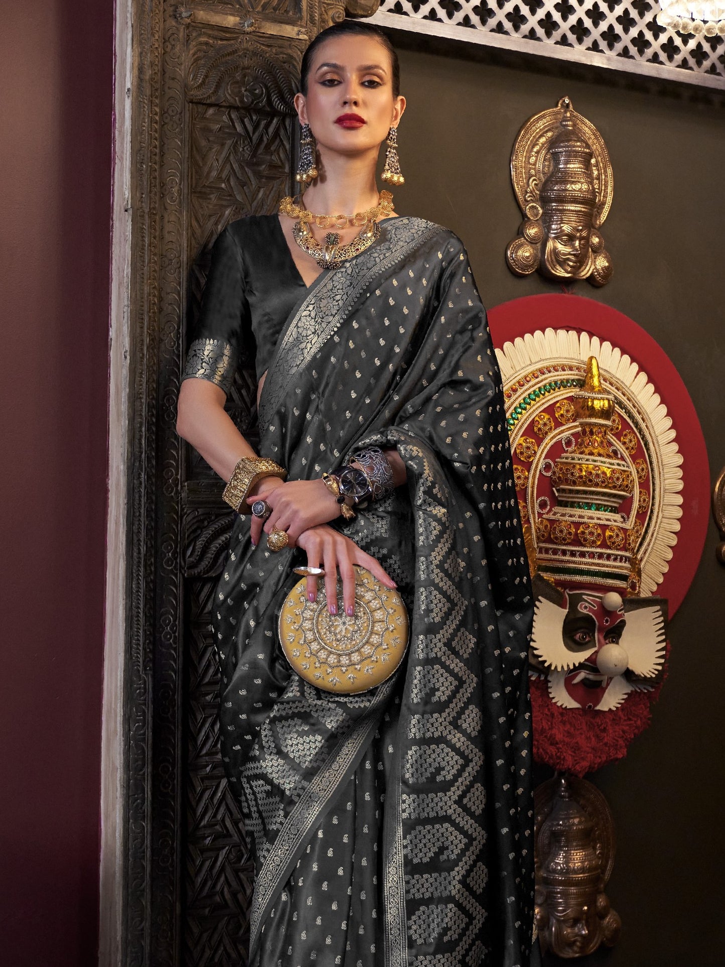 Night Black Woven Banarasi Satin Silk Saree