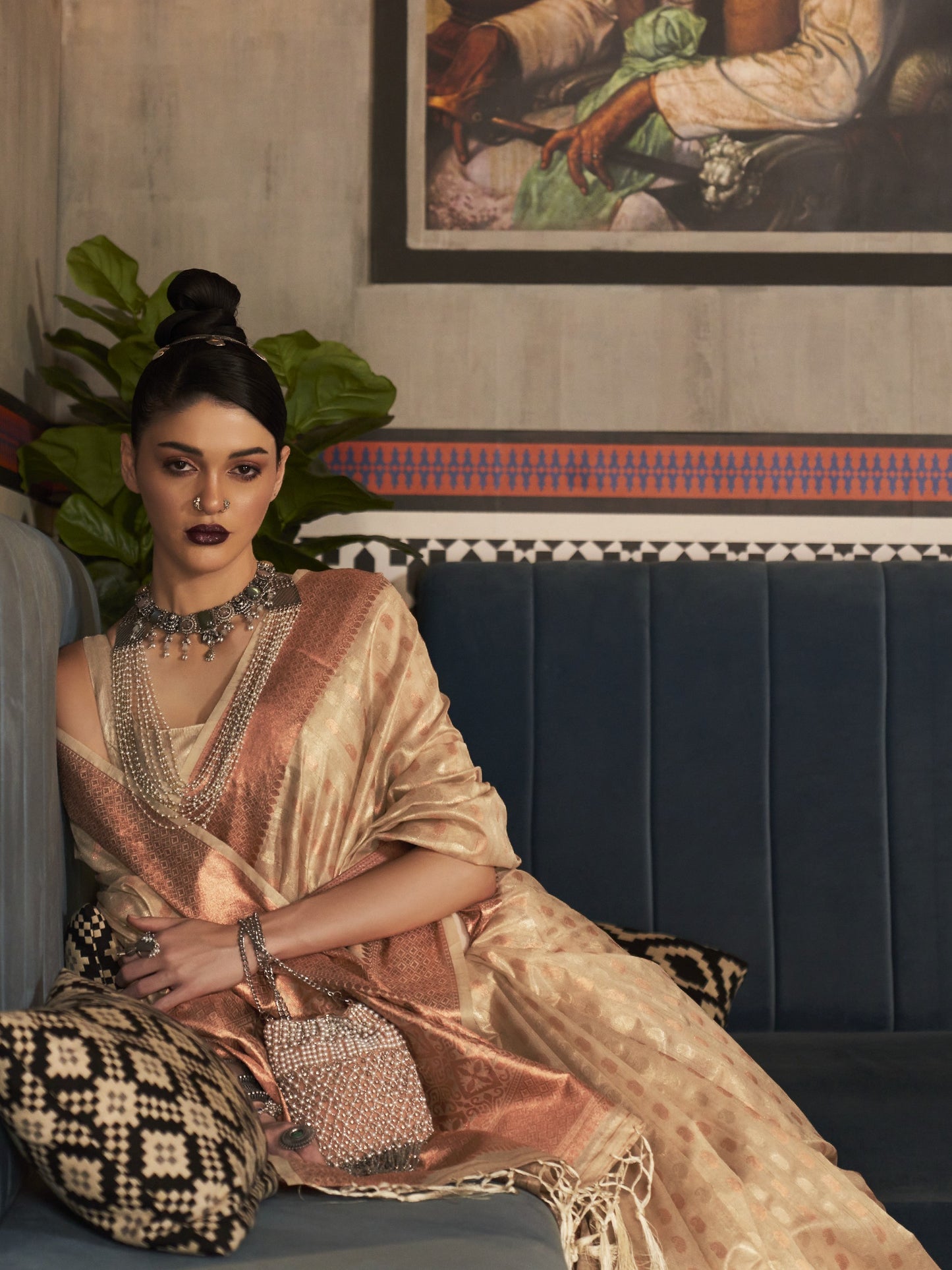 Fawn Beige Tissue Silk Saree