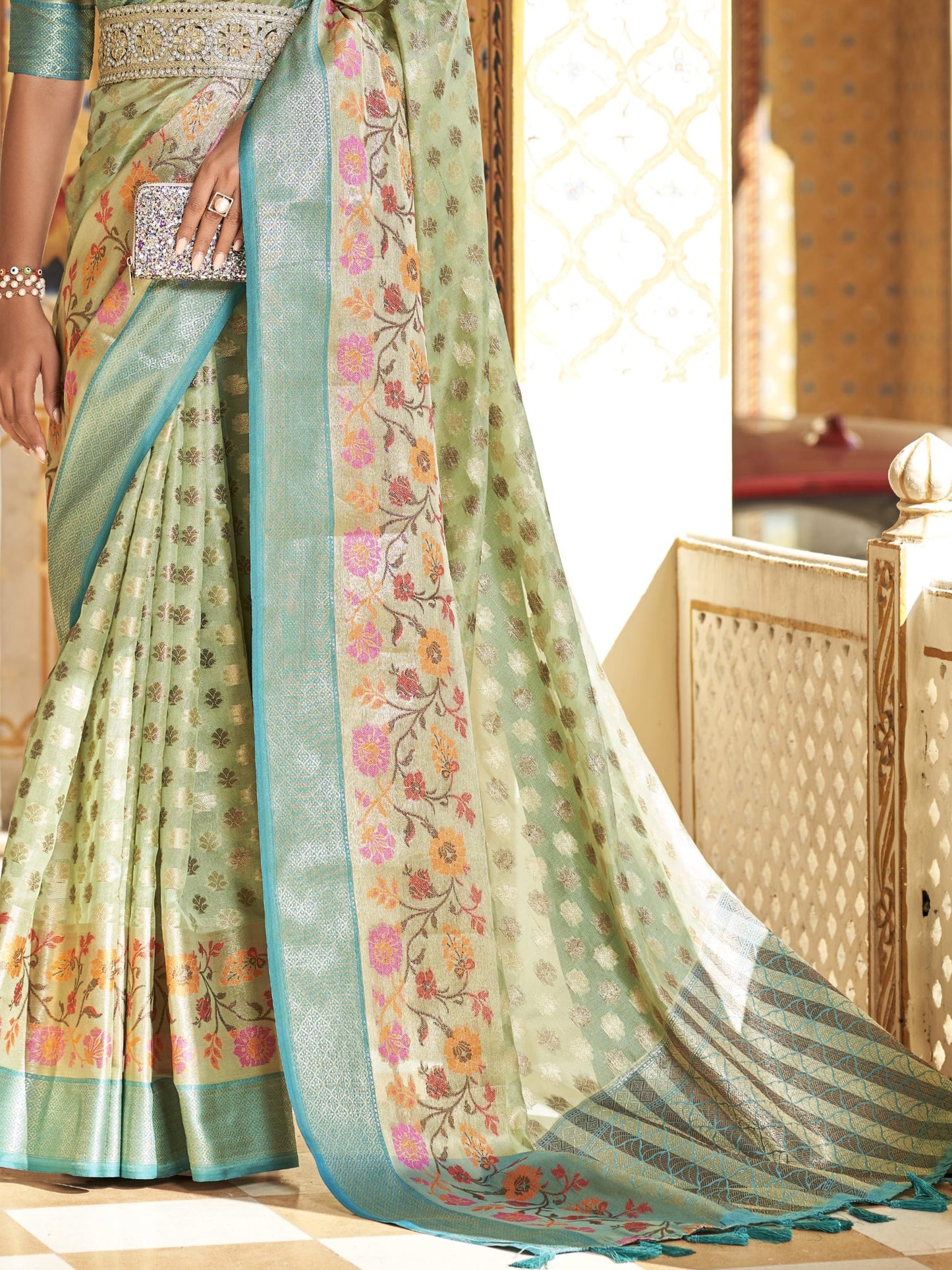 Chartreuse Green Tissue Silk Saree