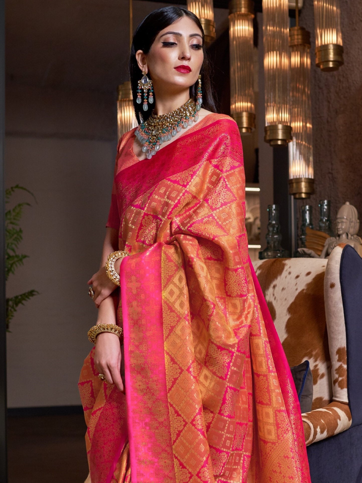 Coral Pink Kanjivaram Saree