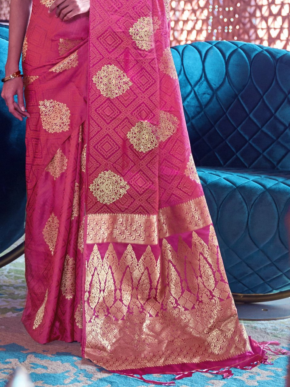 Bubblegum Pink Satin Silk Banarasi Saree