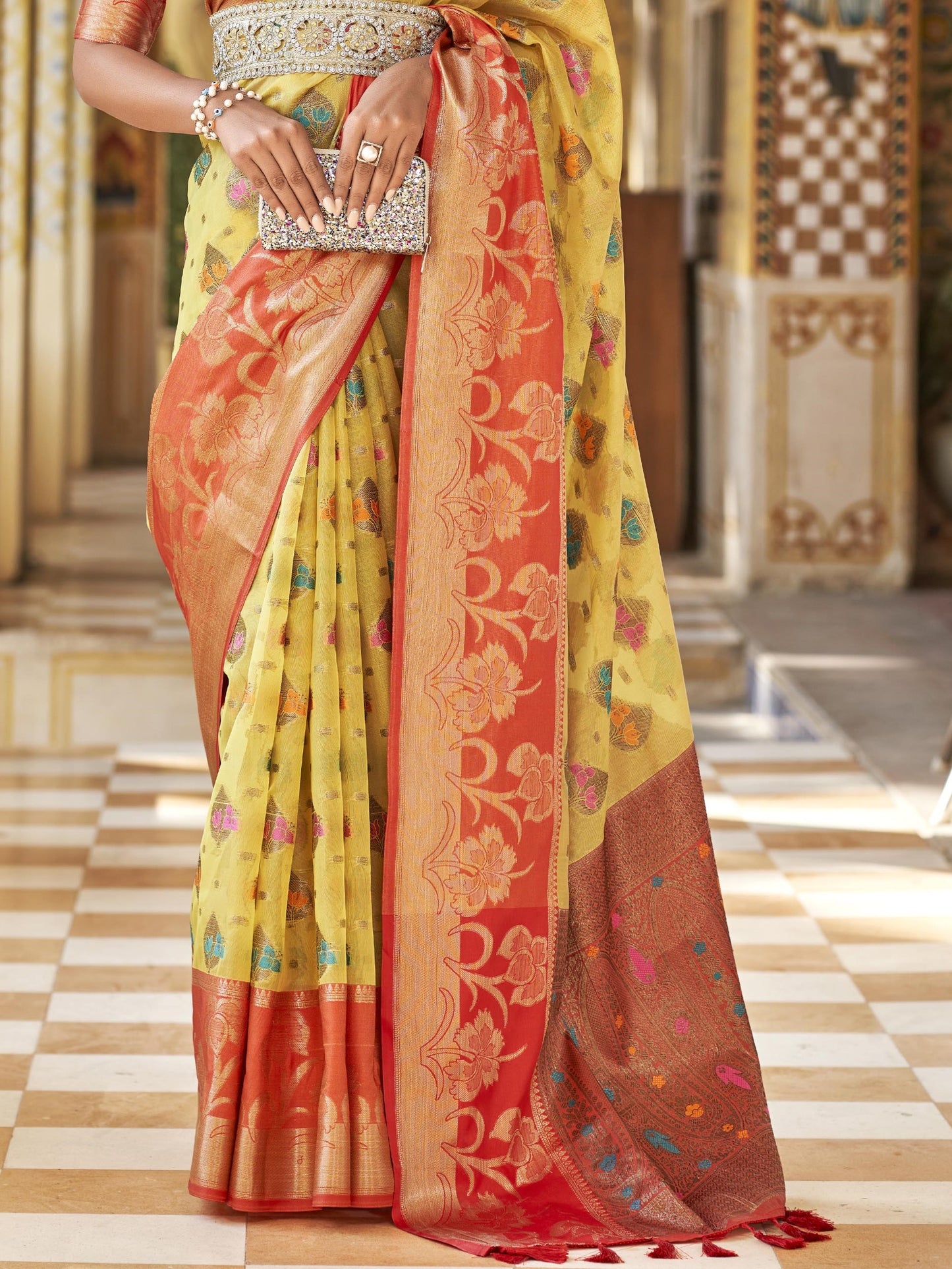 Pale Yellow Tissue Silk Saree