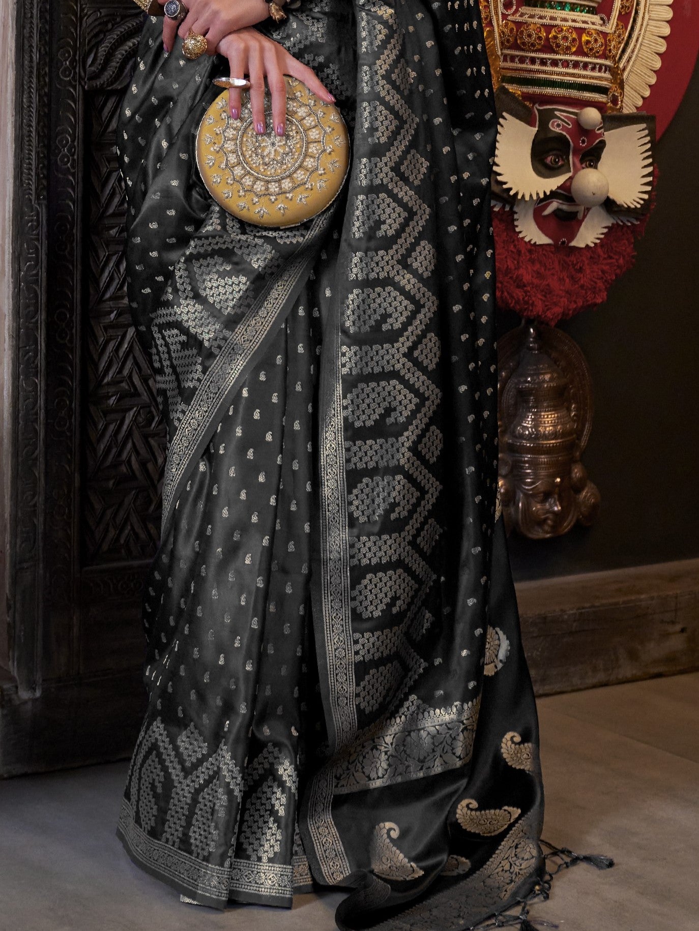 Night Black Woven Banarasi Satin Silk Saree