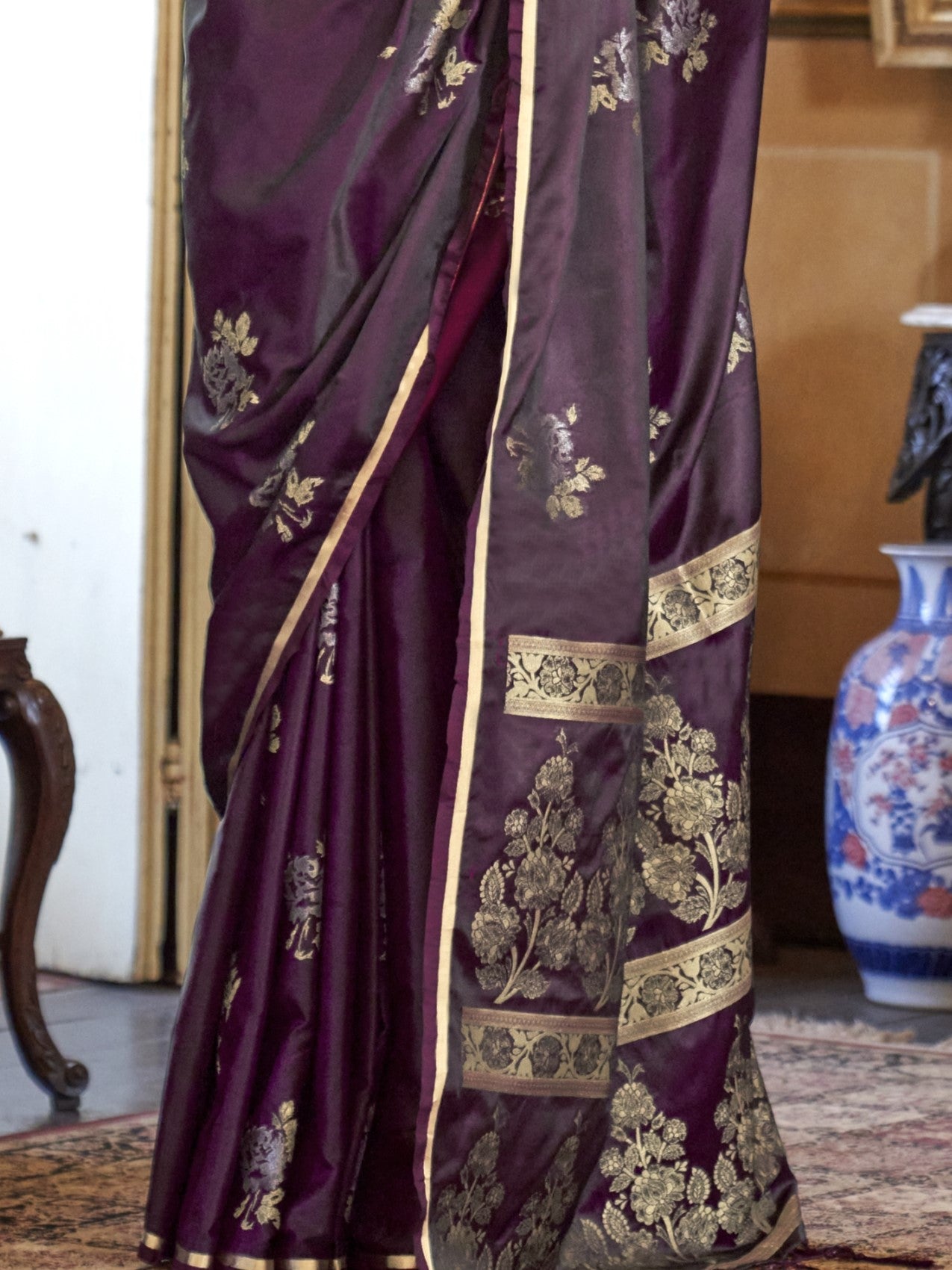 violet satin saree