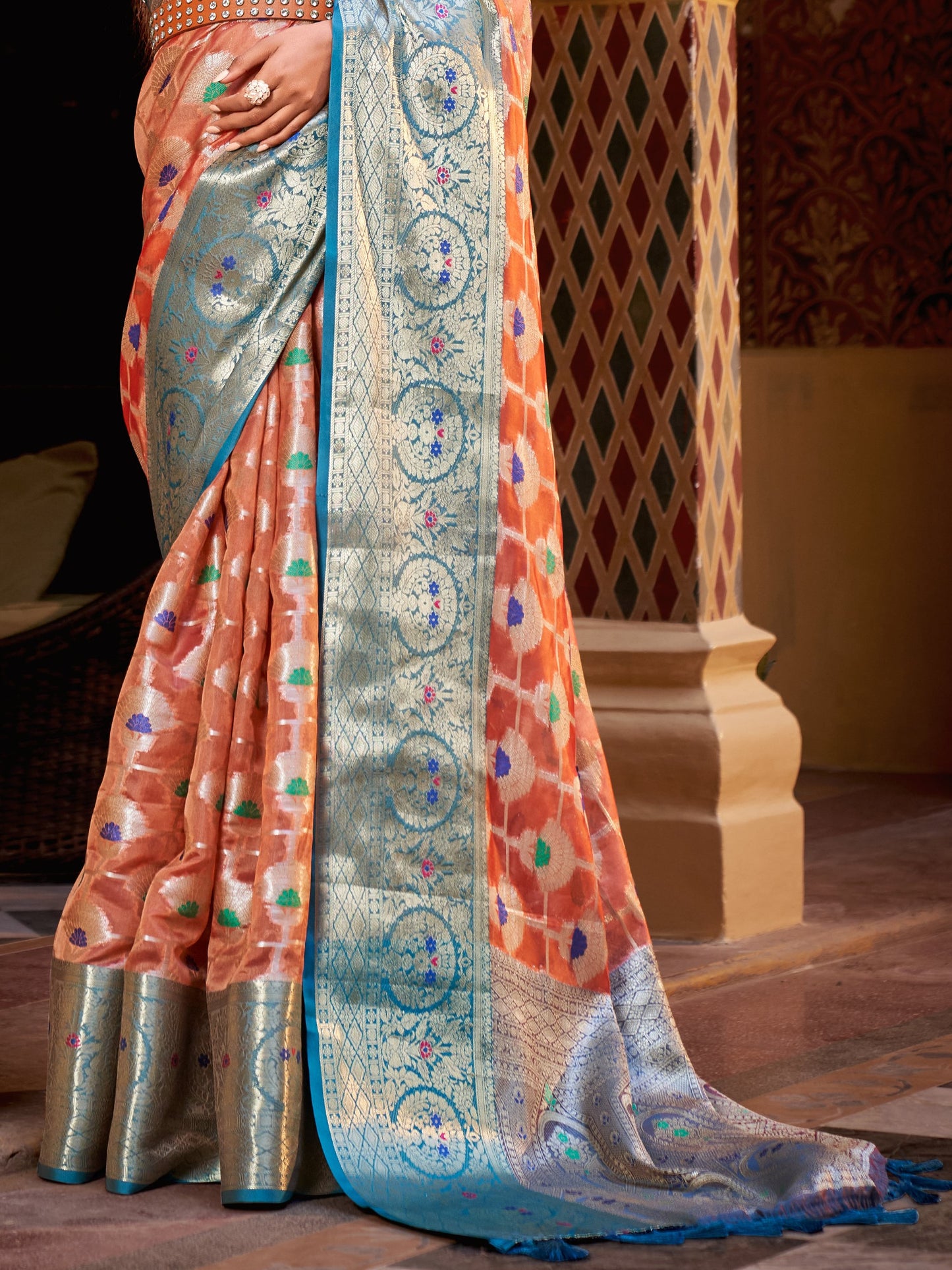 Coral Peach Tissue Silk Saree