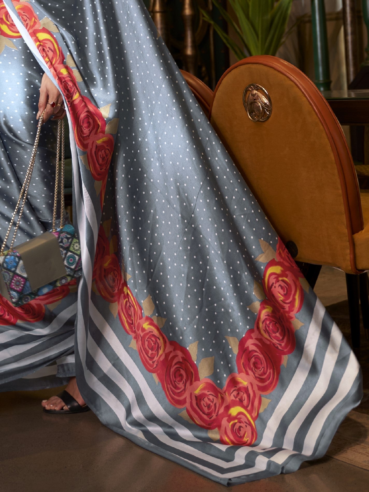 Smokey Gray Satin Silk Printed Saree