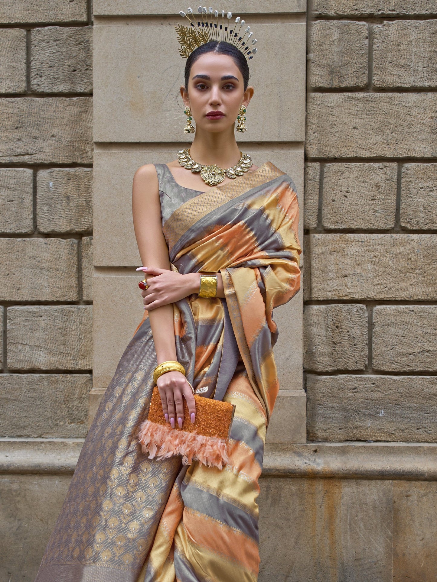 Gray with Creamy Orange Banarasi Print Soft Silk Saree