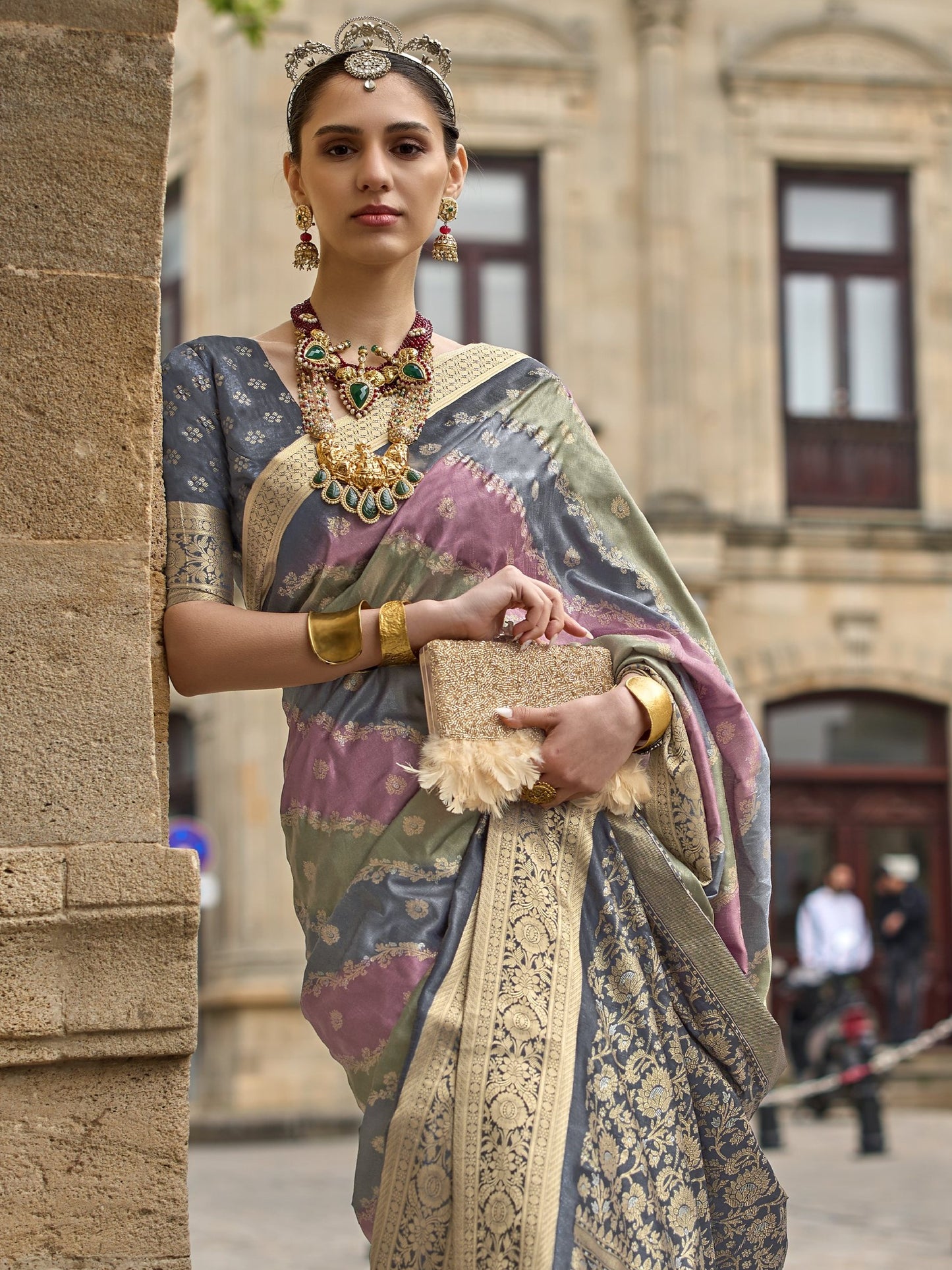 Ash Gray with Multicolor Banarasi Print Soft Silk Saree