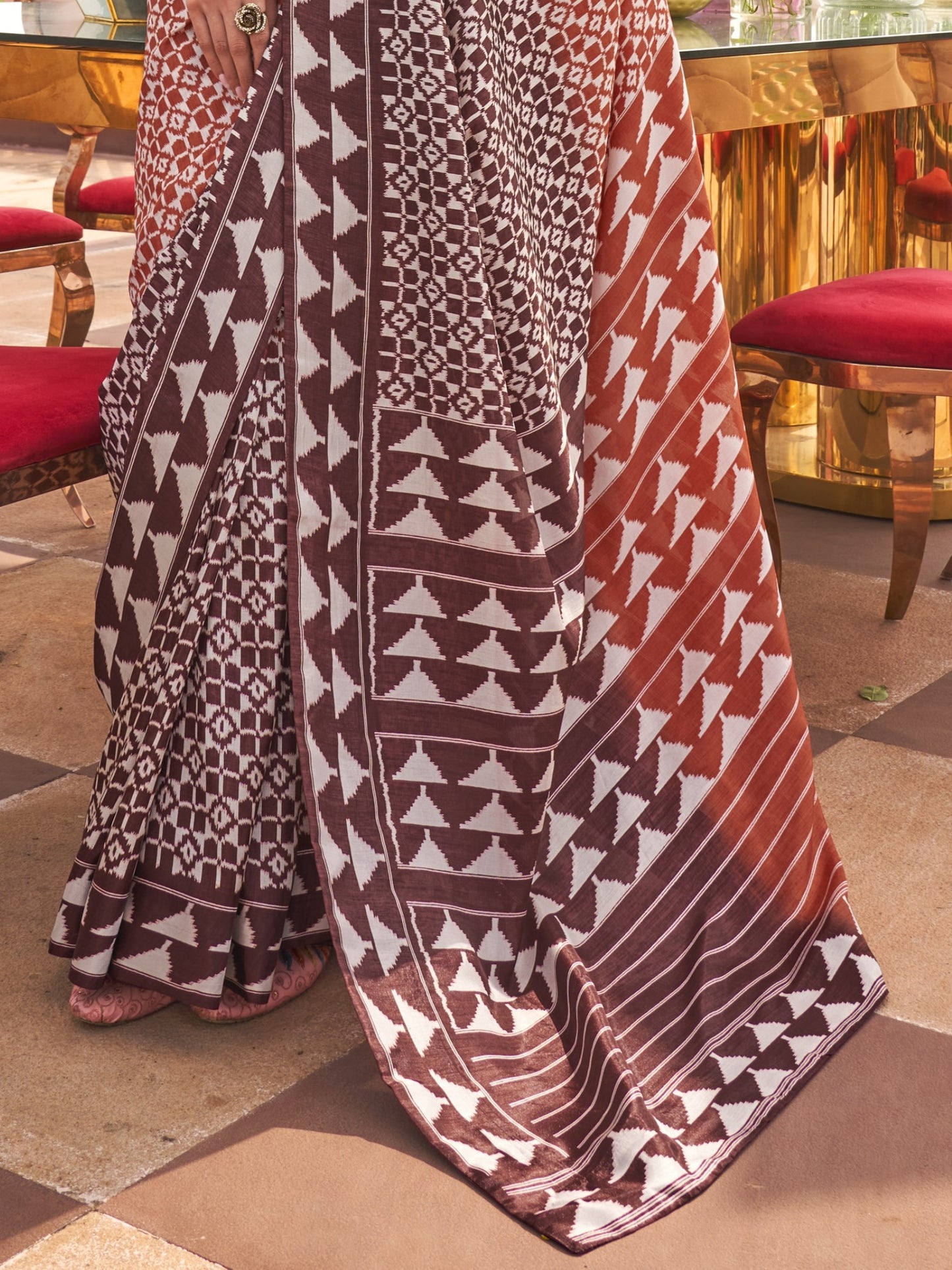 Brick Brown Printed Patola Silk Saree