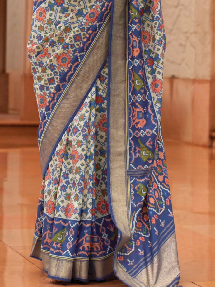 White and Blue Patola Saree