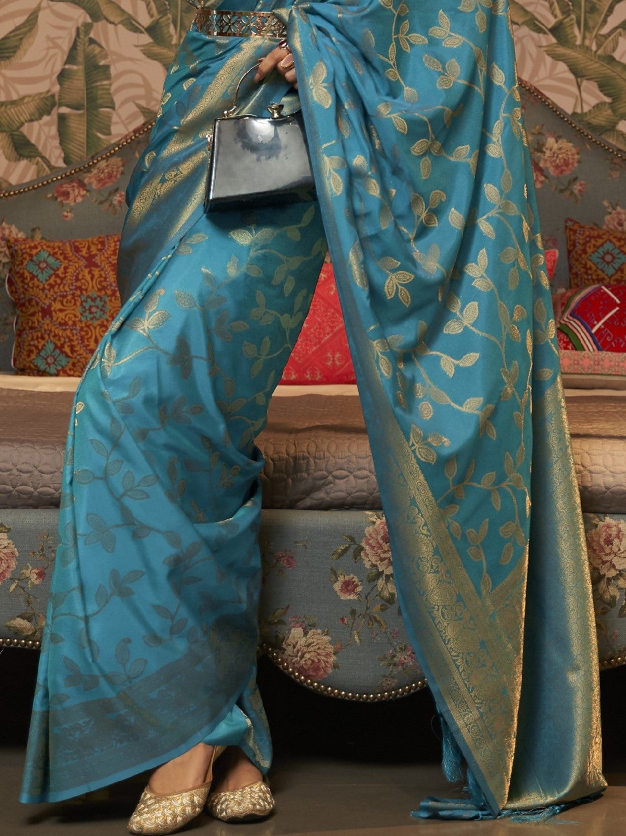 Deep Sky Blue Woven Banarasi saree