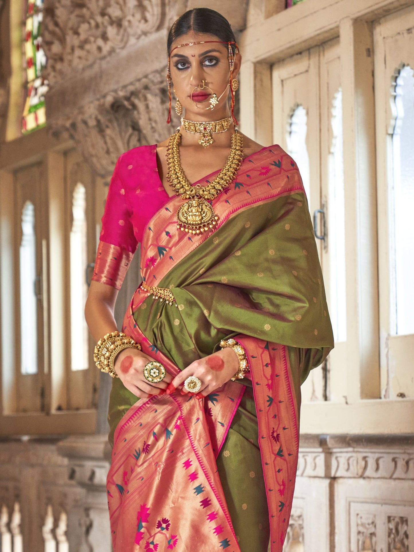 Moss Olive Woven Paithani Saree