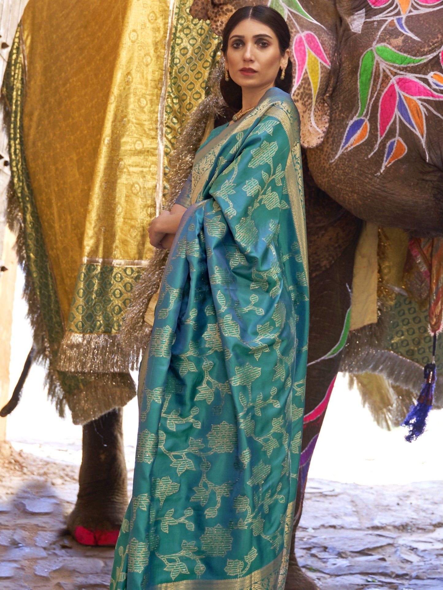 Dark Cyan Woven Banarasi Saree