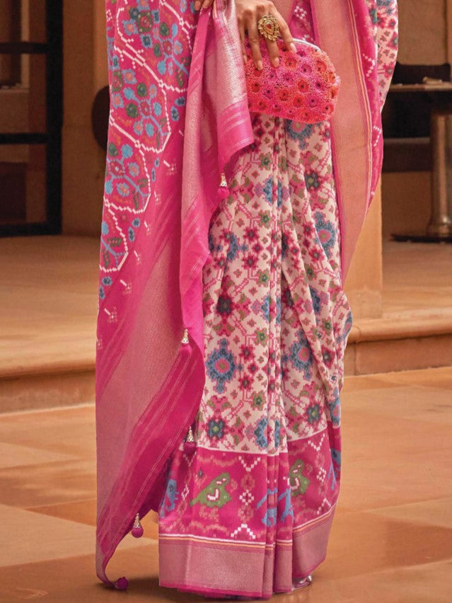 White and Pink Patola Saree