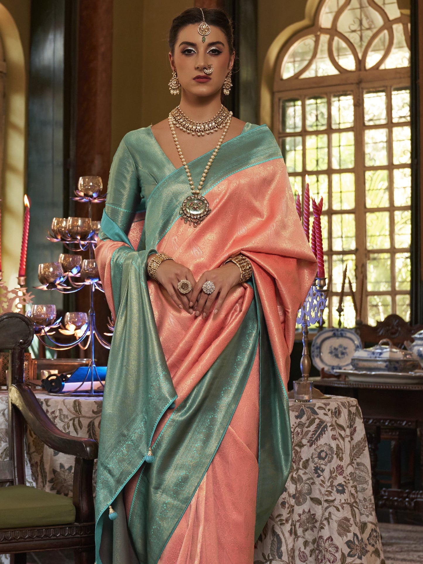 Shiny Peach Kanjivaram Saree