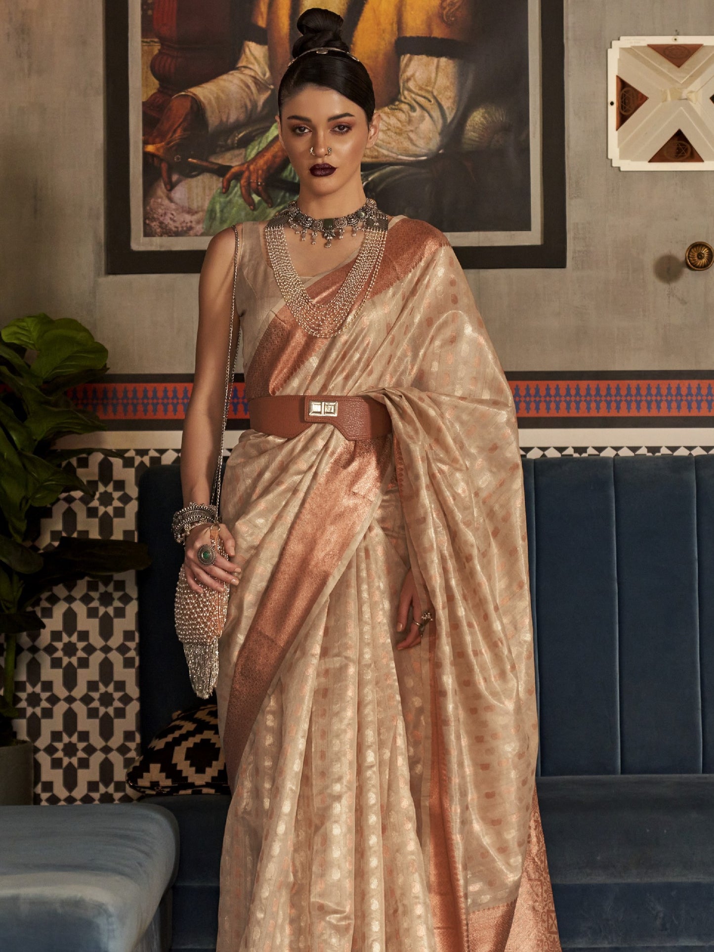 Fawn Beige Tissue Silk Saree