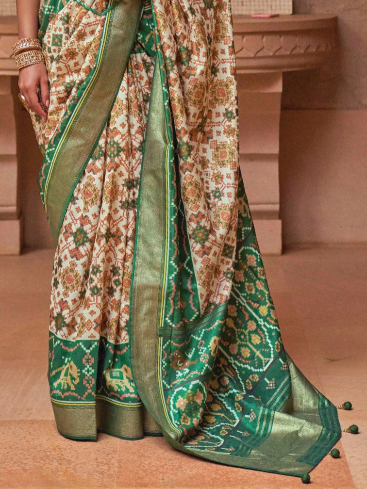 Beige and Green Patola Saree