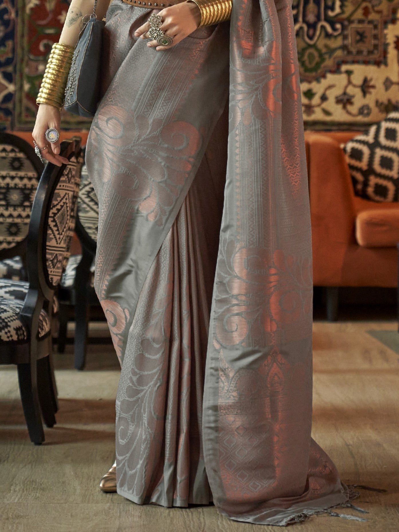 Cool Gray Woven Banarasi Saree