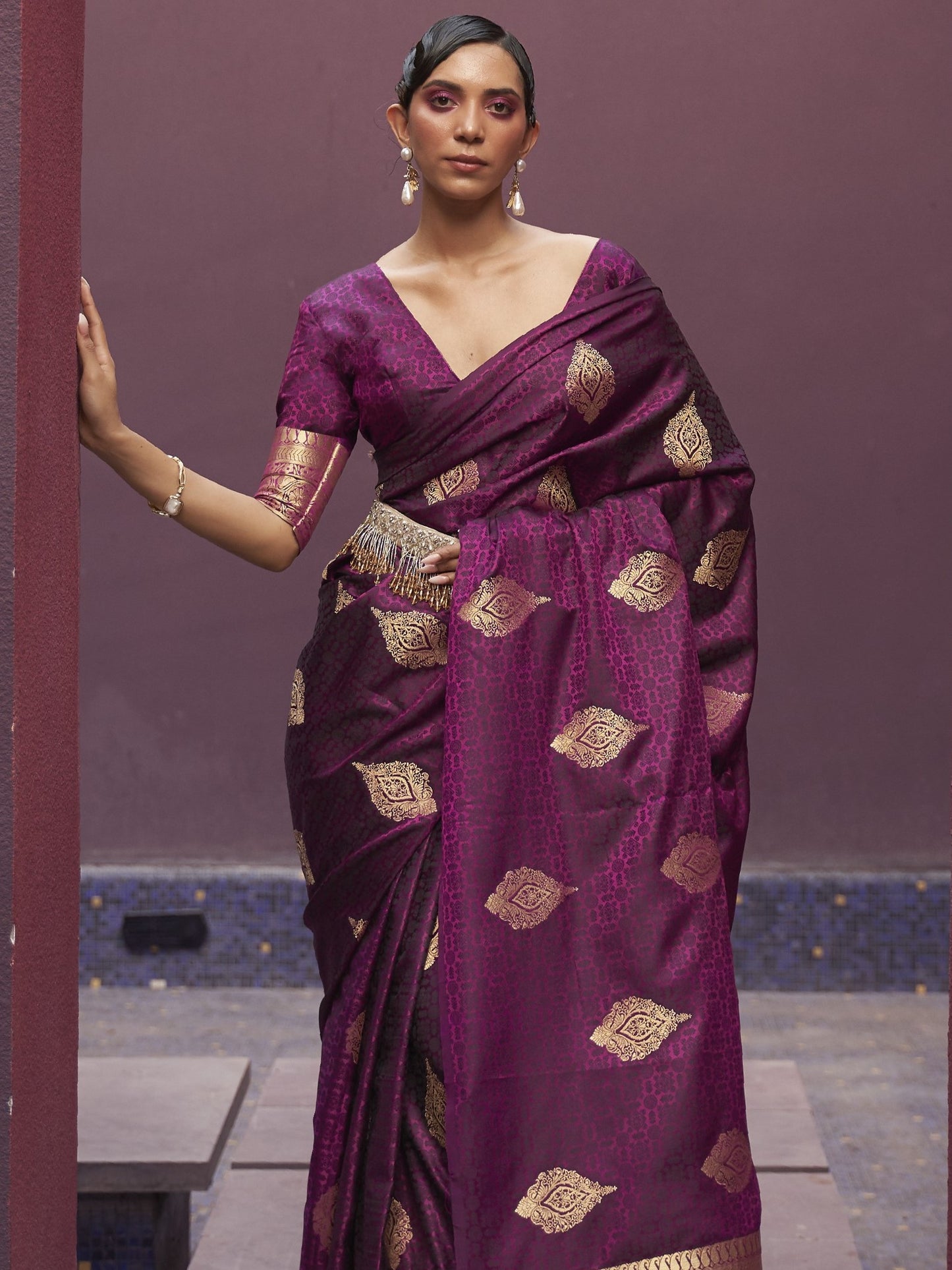 banarasi fabrics satin deep wine
