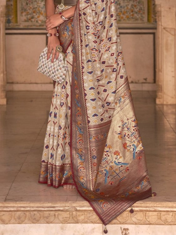 Beige Cream Patola Paithani Silk Saree