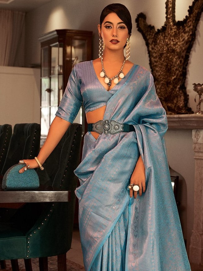 Vivid Blue Woven Kanjivarm Saree