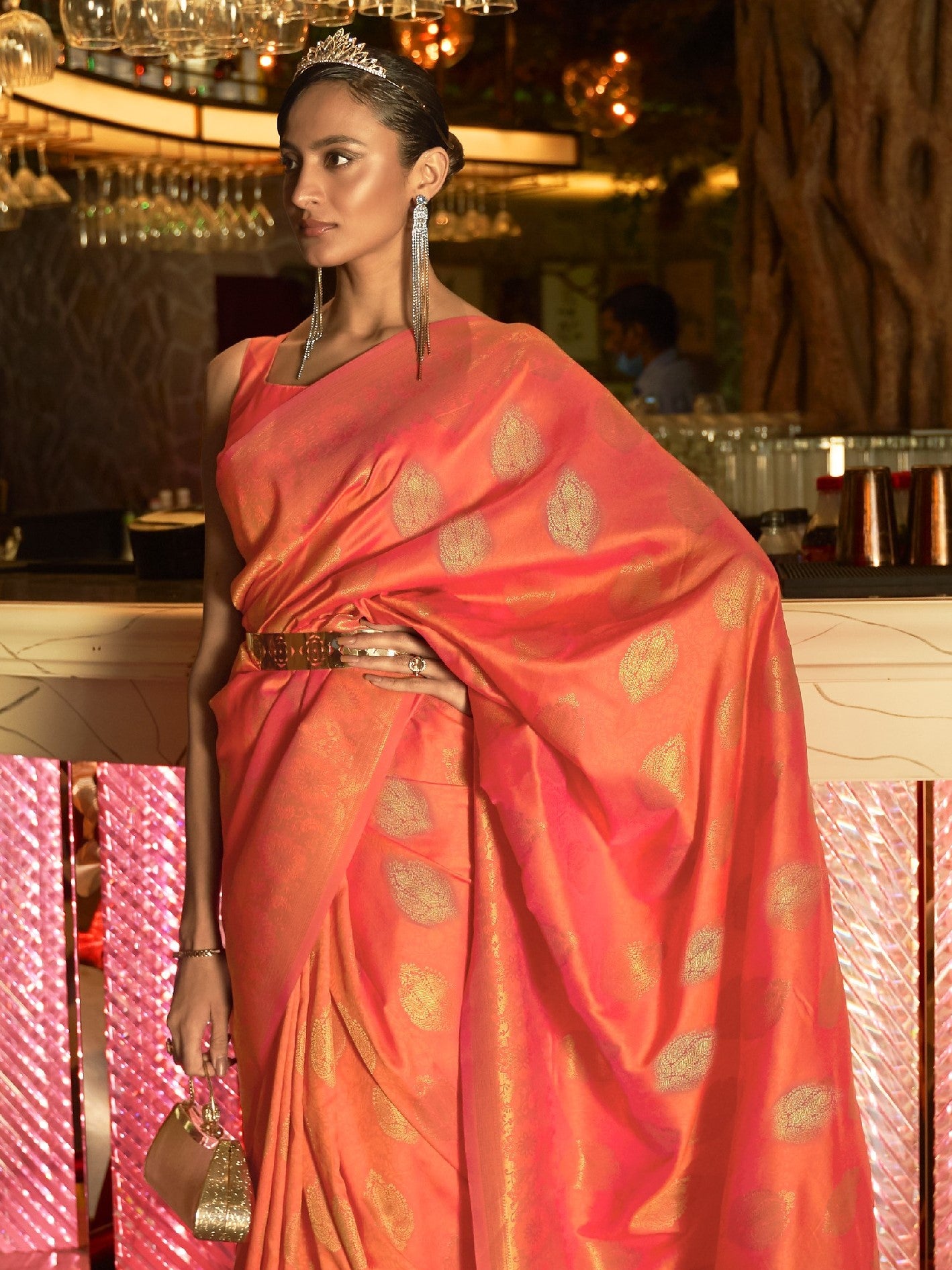 Tangerine Orange Woven Banarasi Saree