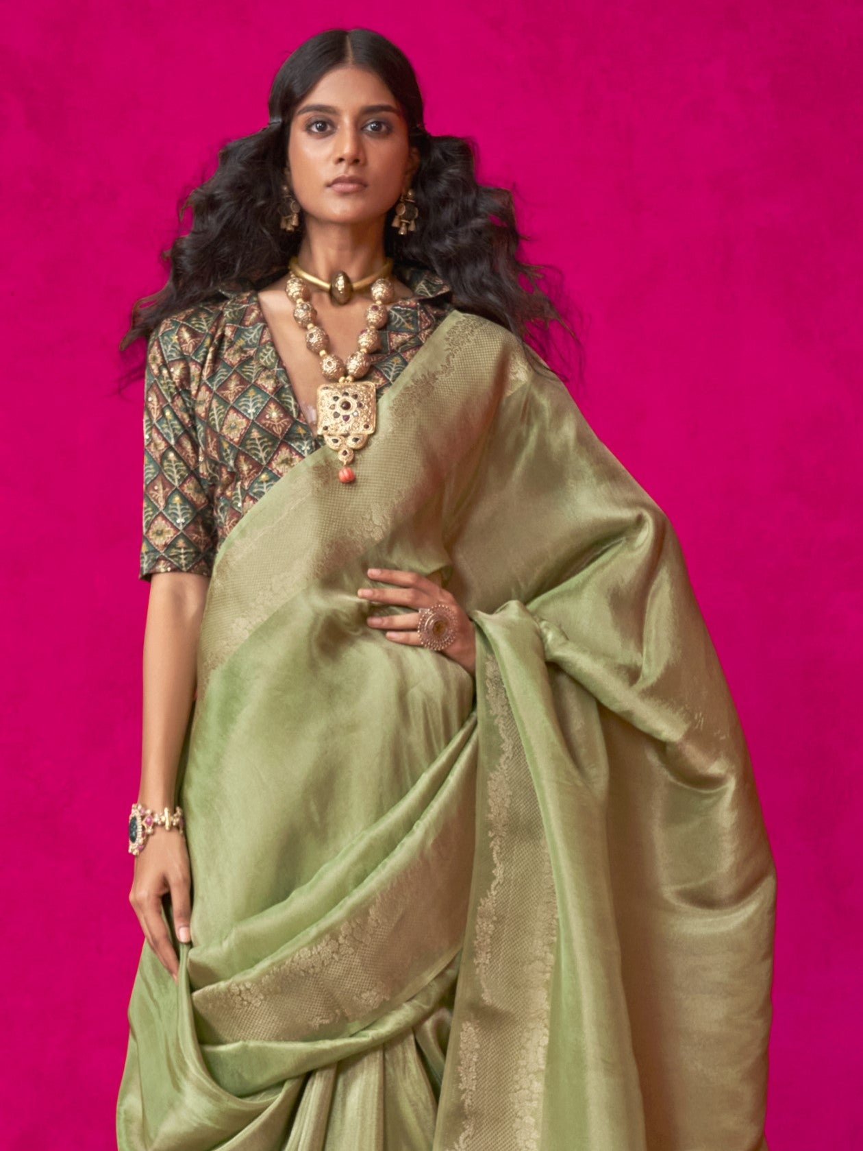 Mantis Green Zari Woven Tissue Silk Saree with Contrast Blouse