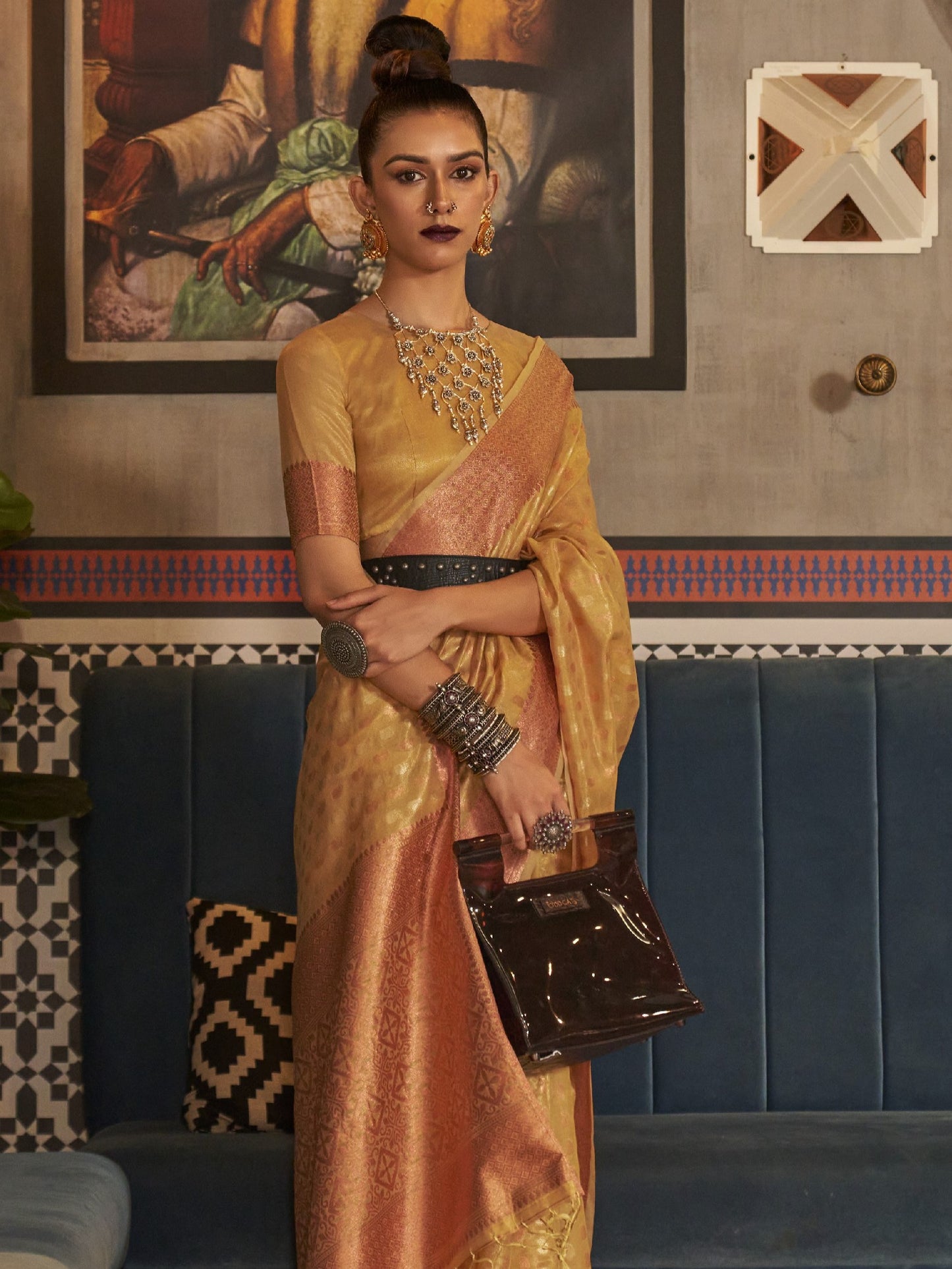 Golden Yellow Tissue Silk Saree