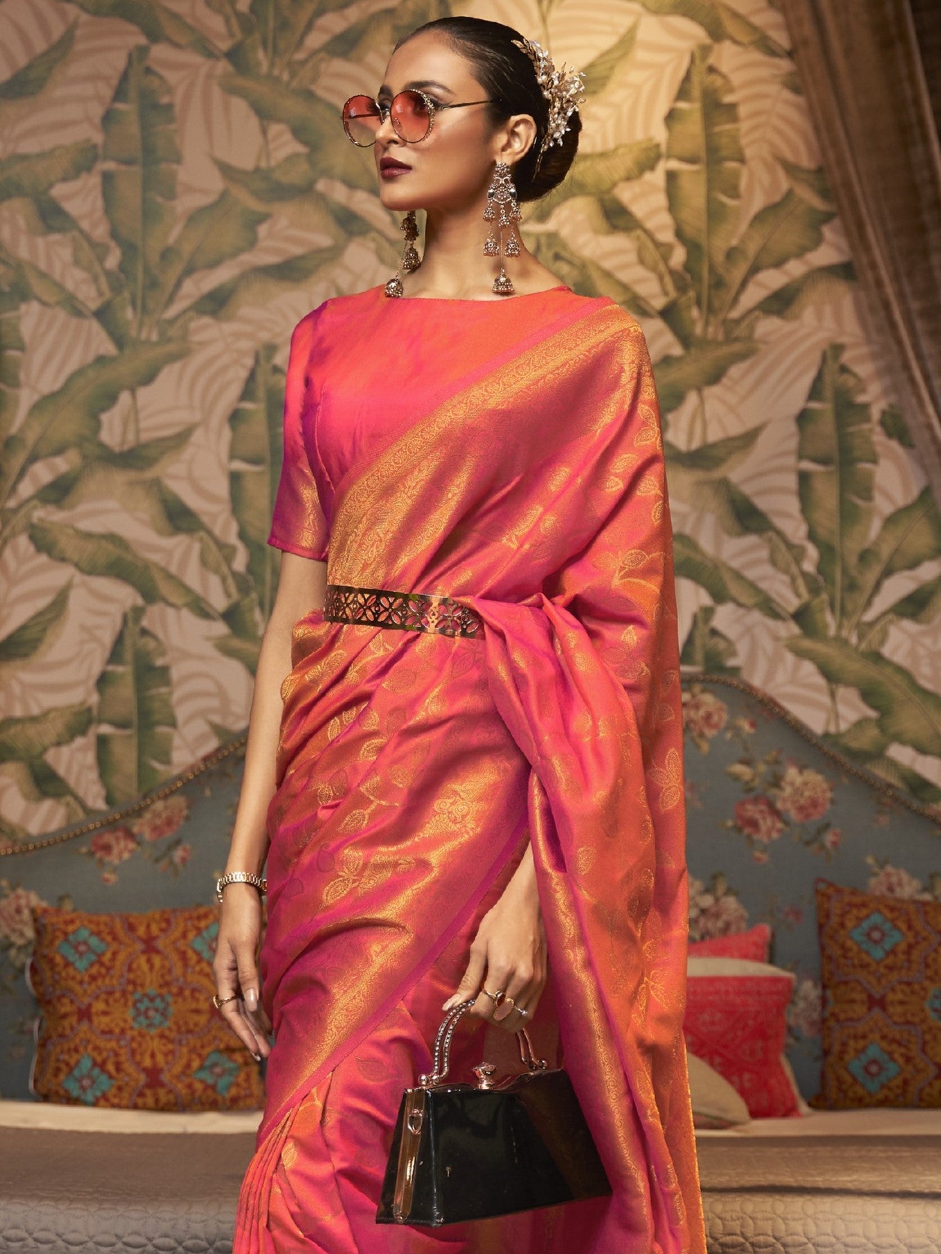 Coral Pink Woven Banarasi Saree