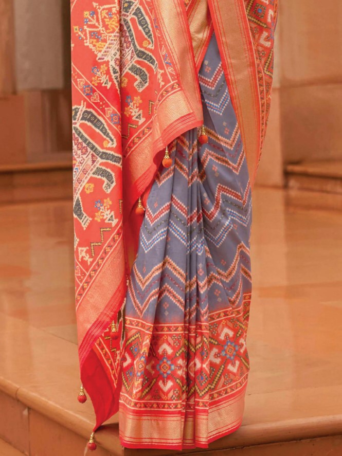 Gray and Orange Patola Saree