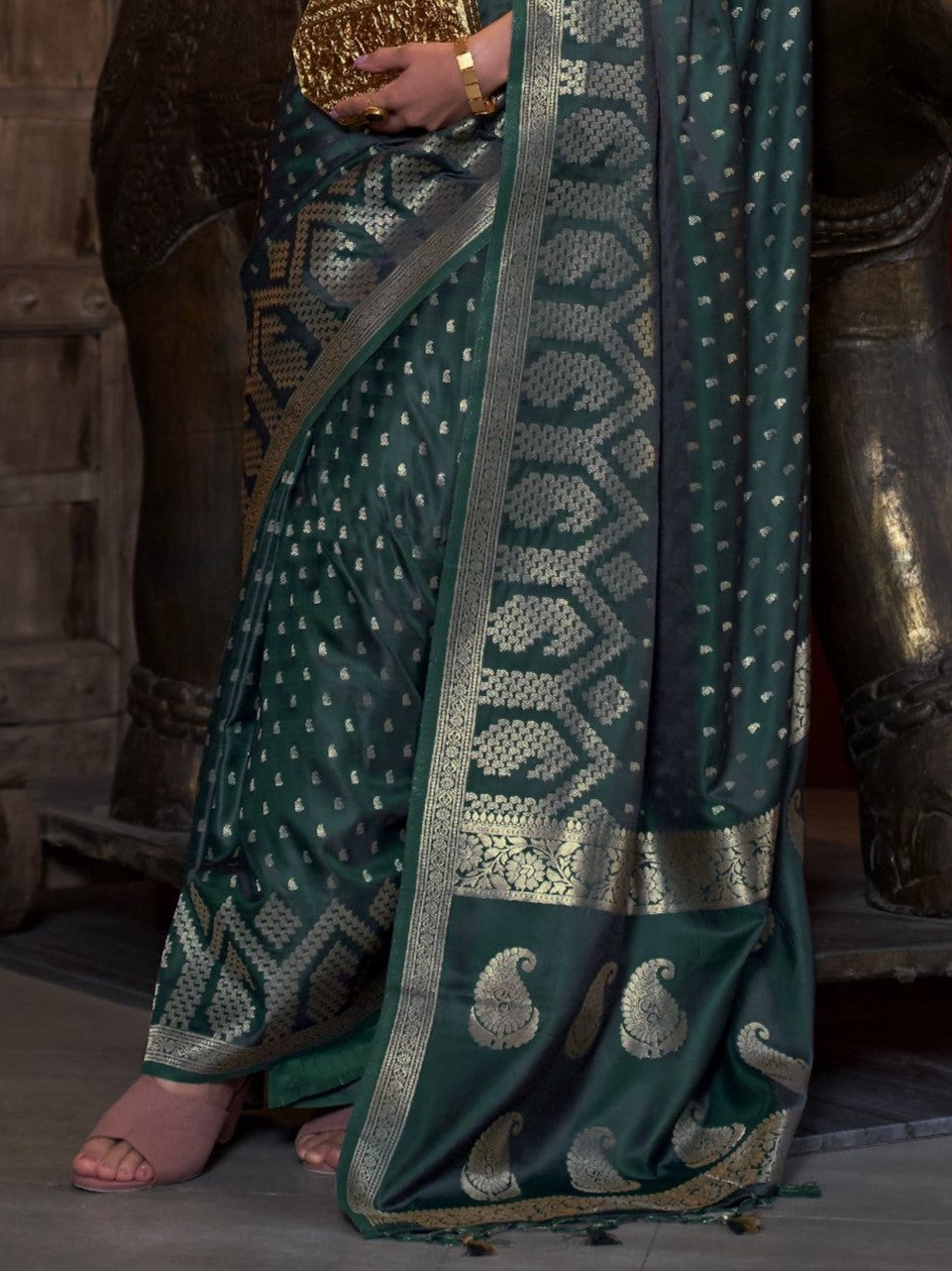 Jungle Green Woven Banarasi Satin Silk Saree