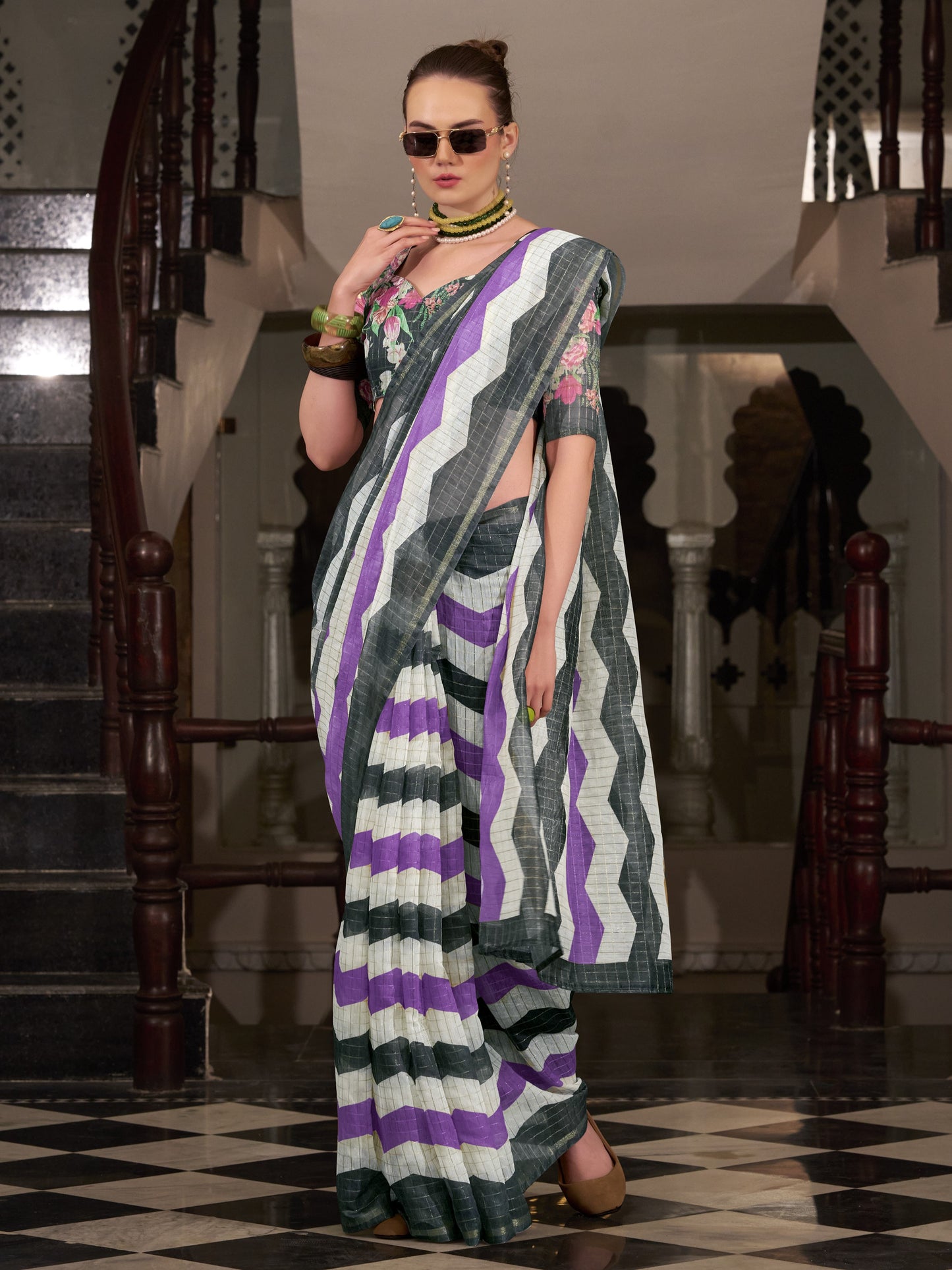 Purple & Black Cotton Silk Saree