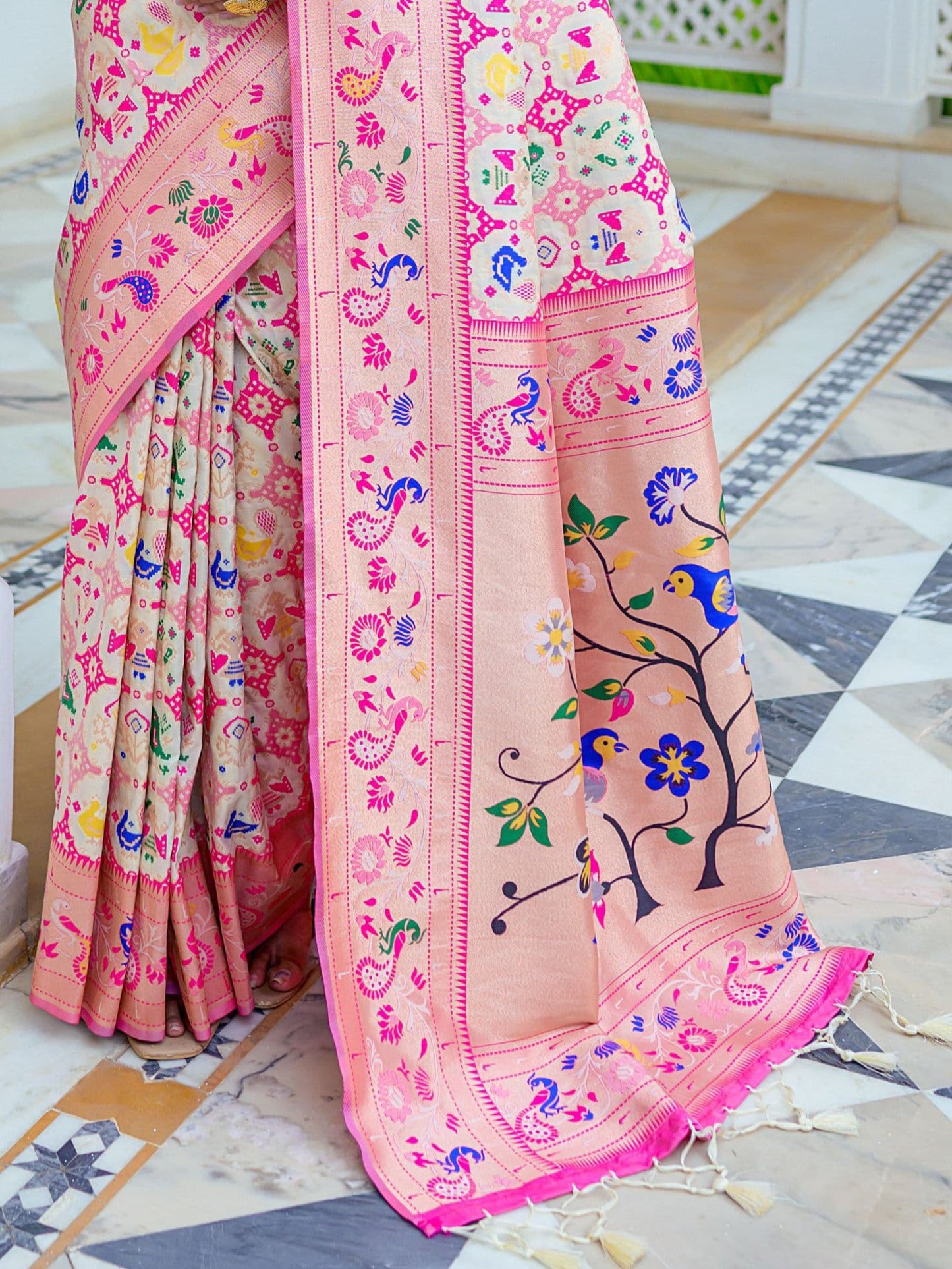 White & Pink Woven Patola Paithani Silk Saree