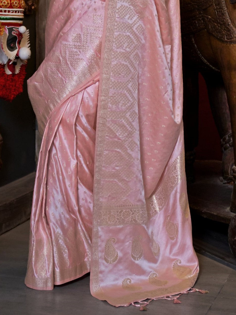 Pastel Pink Woven Banarasi Satin Silk Saree