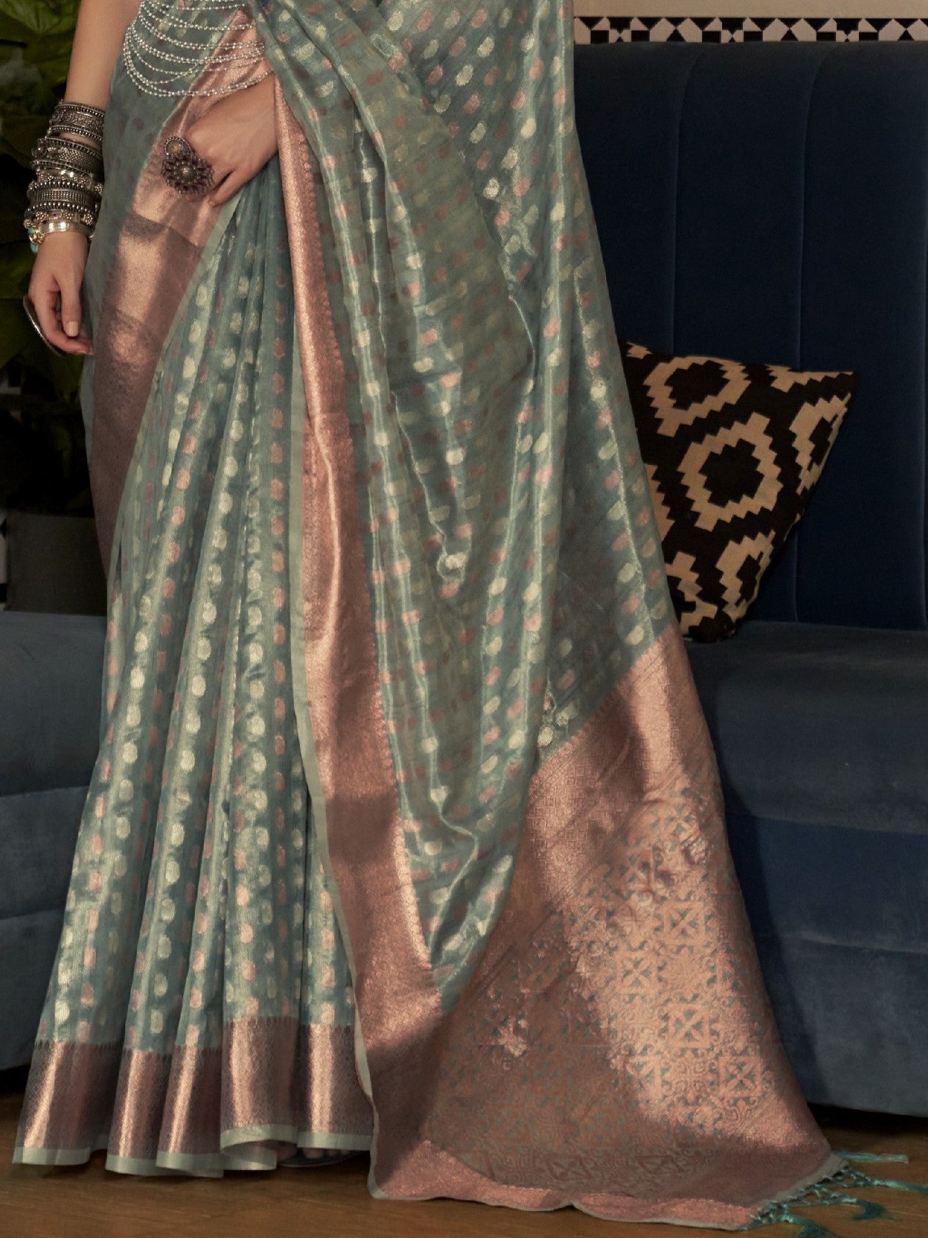 Sage Gray Tissue Silk Saree