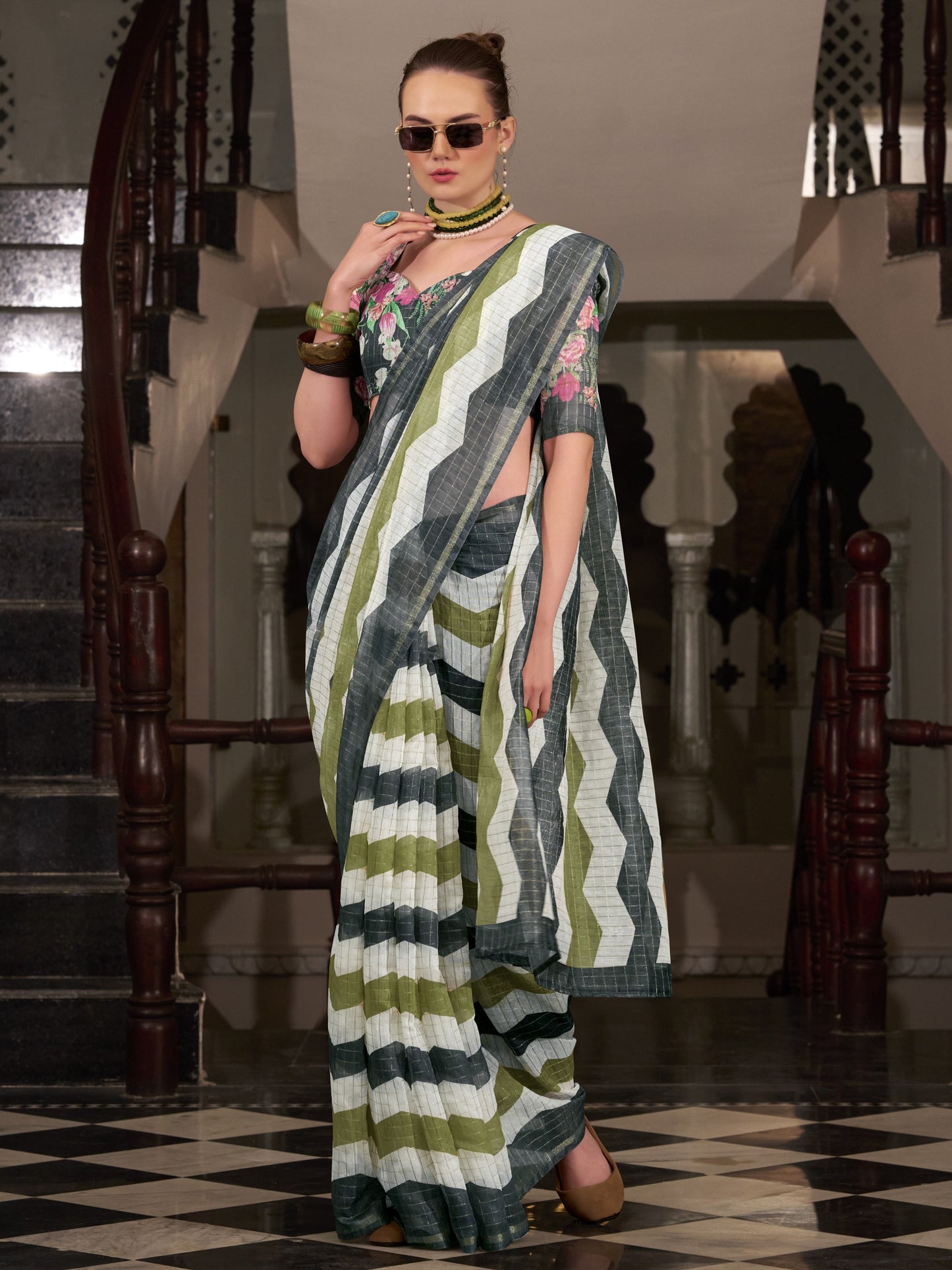 Black & Olive Cotton Silk Saree