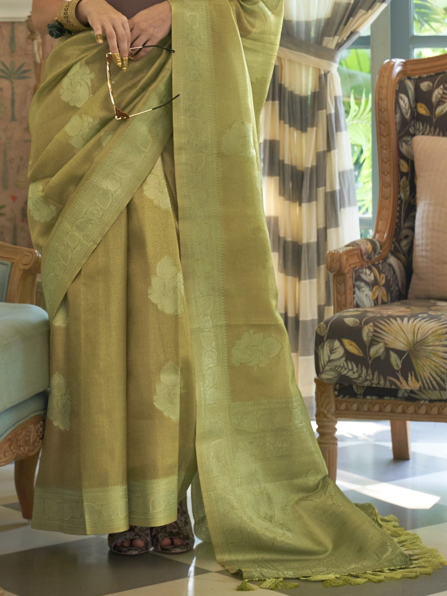 Citron Green Satin Tissue Silk Saree