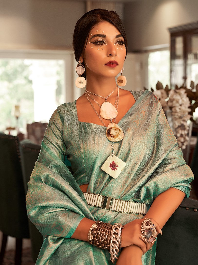 Glass Turquoise Woven Kanjivaram Saree
