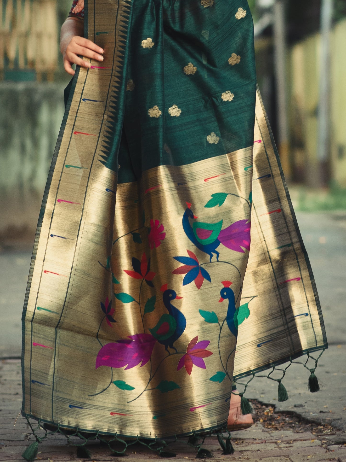 Forest Green Tussar Silk Paithani Saree