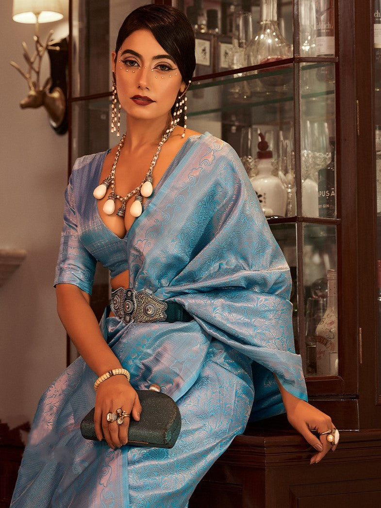 Vivid Blue Woven Kanjivarm Saree