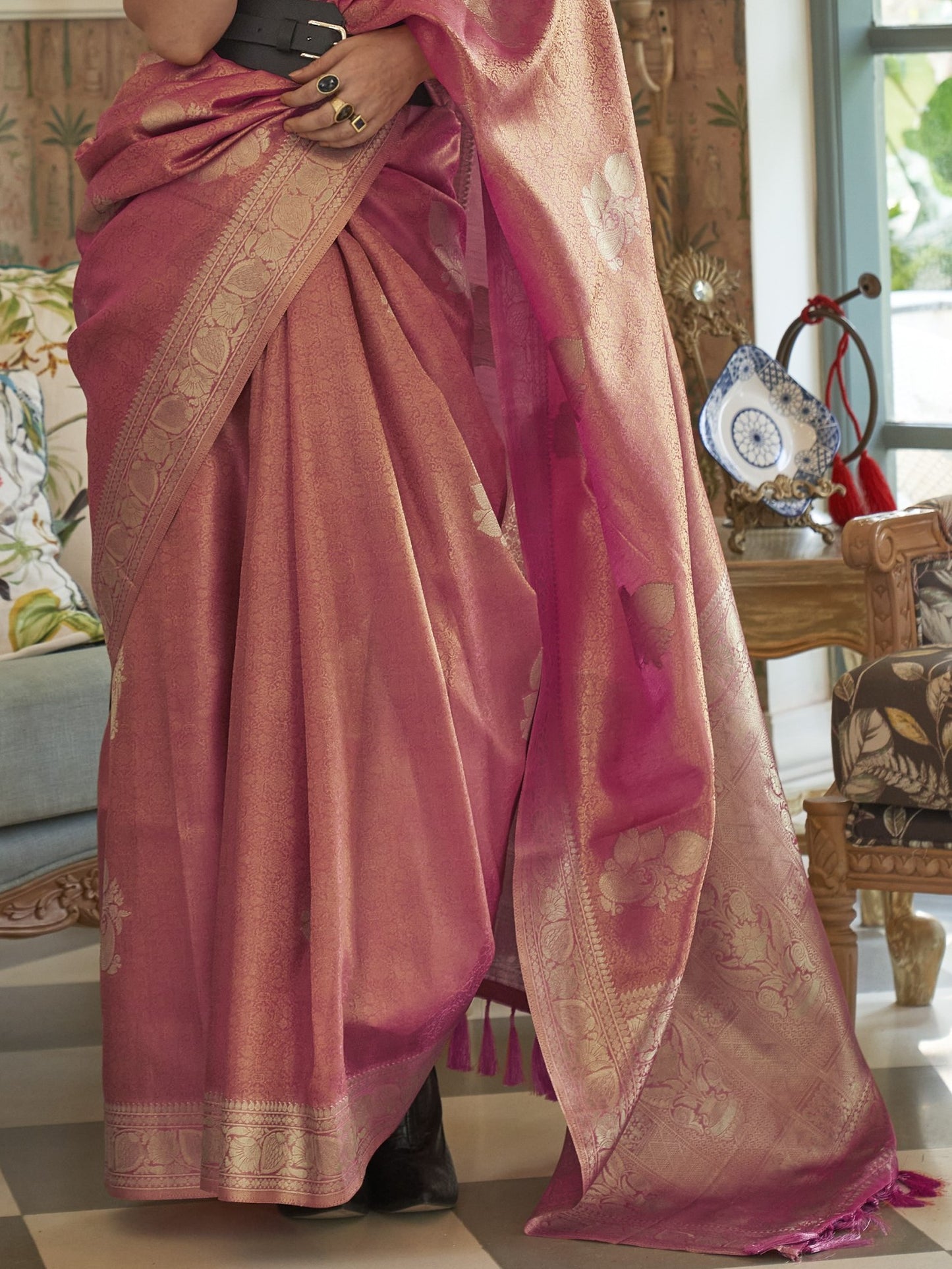 Flamingo Pink Satin Tissue Silk Saree
