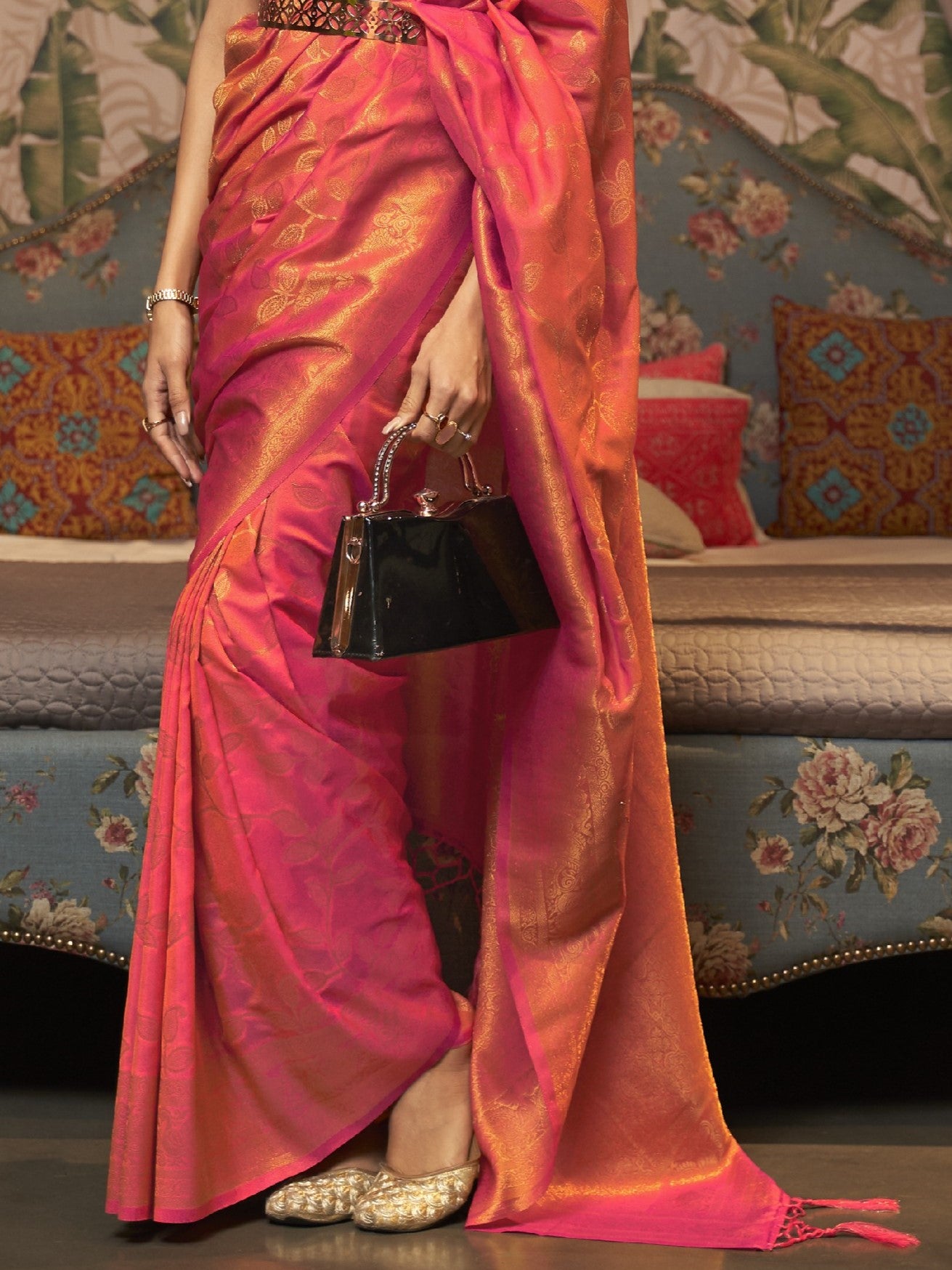 Coral Pink Woven Banarasi Saree