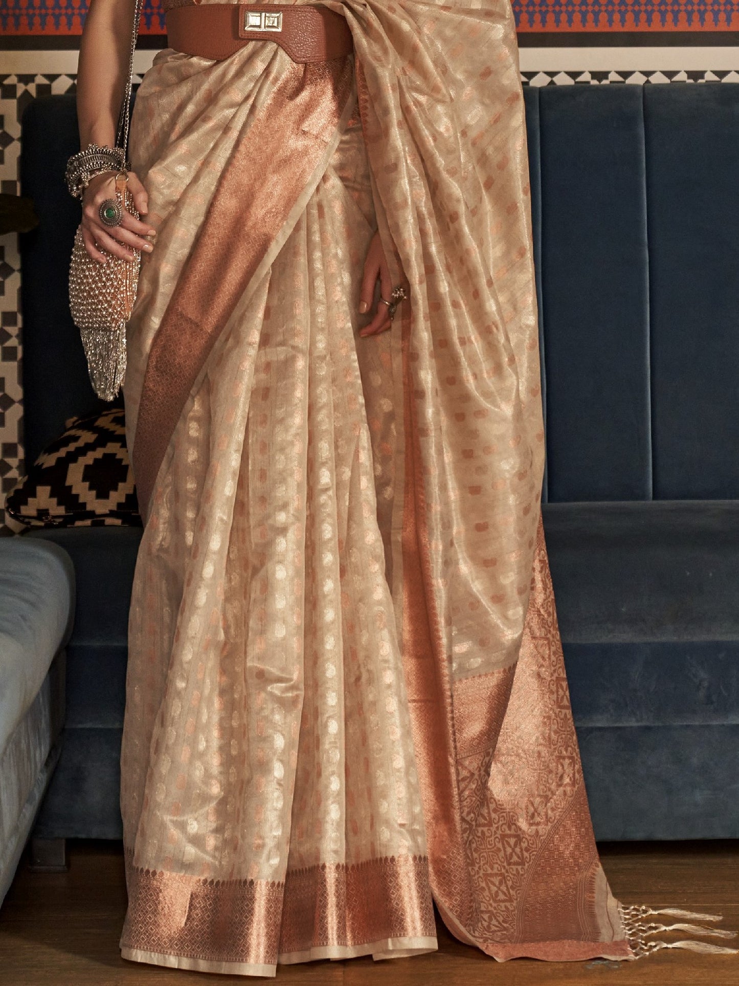 Fawn Beige Tissue Silk Saree