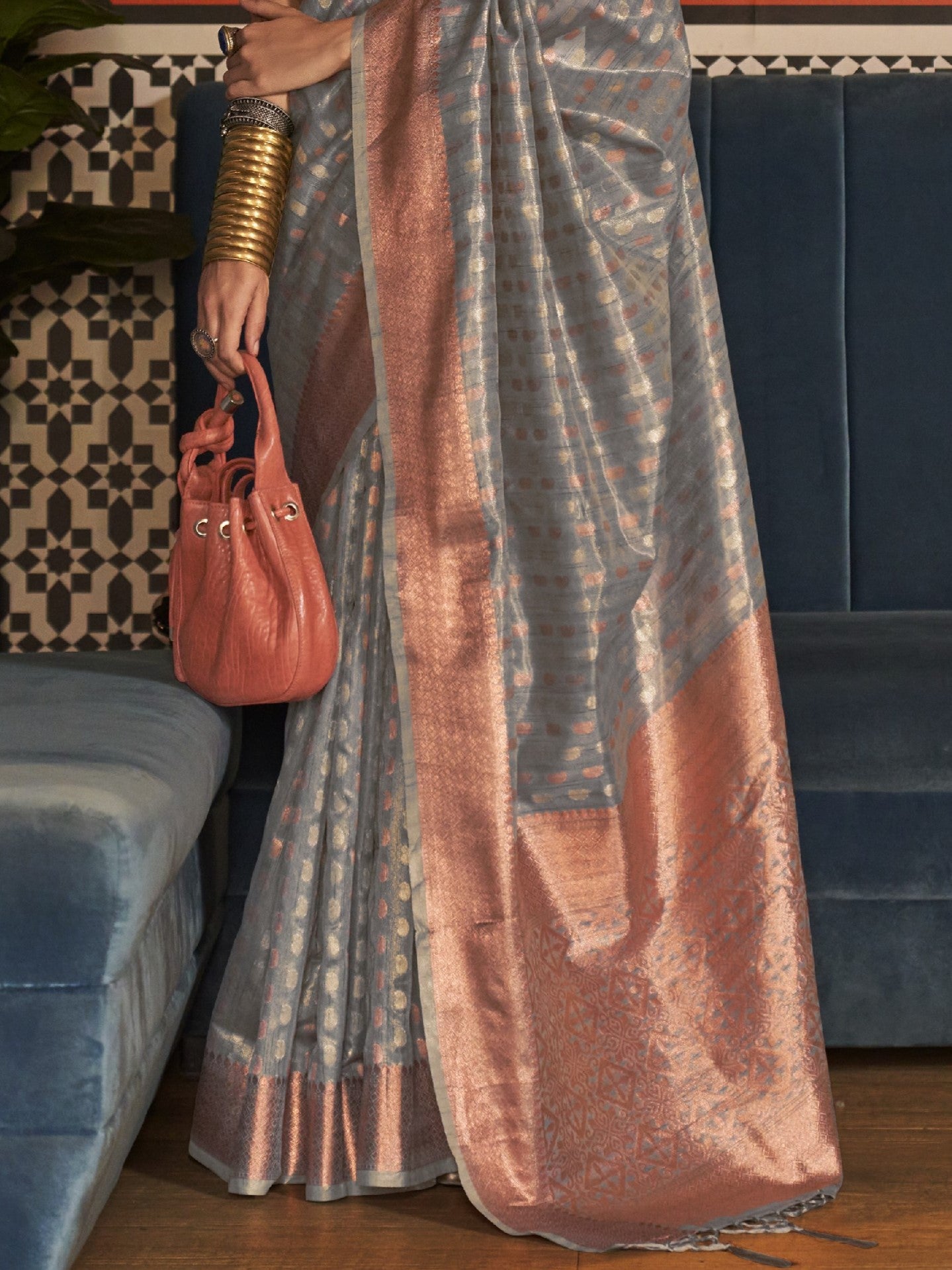 Slate Gray Tissue Silk Saree