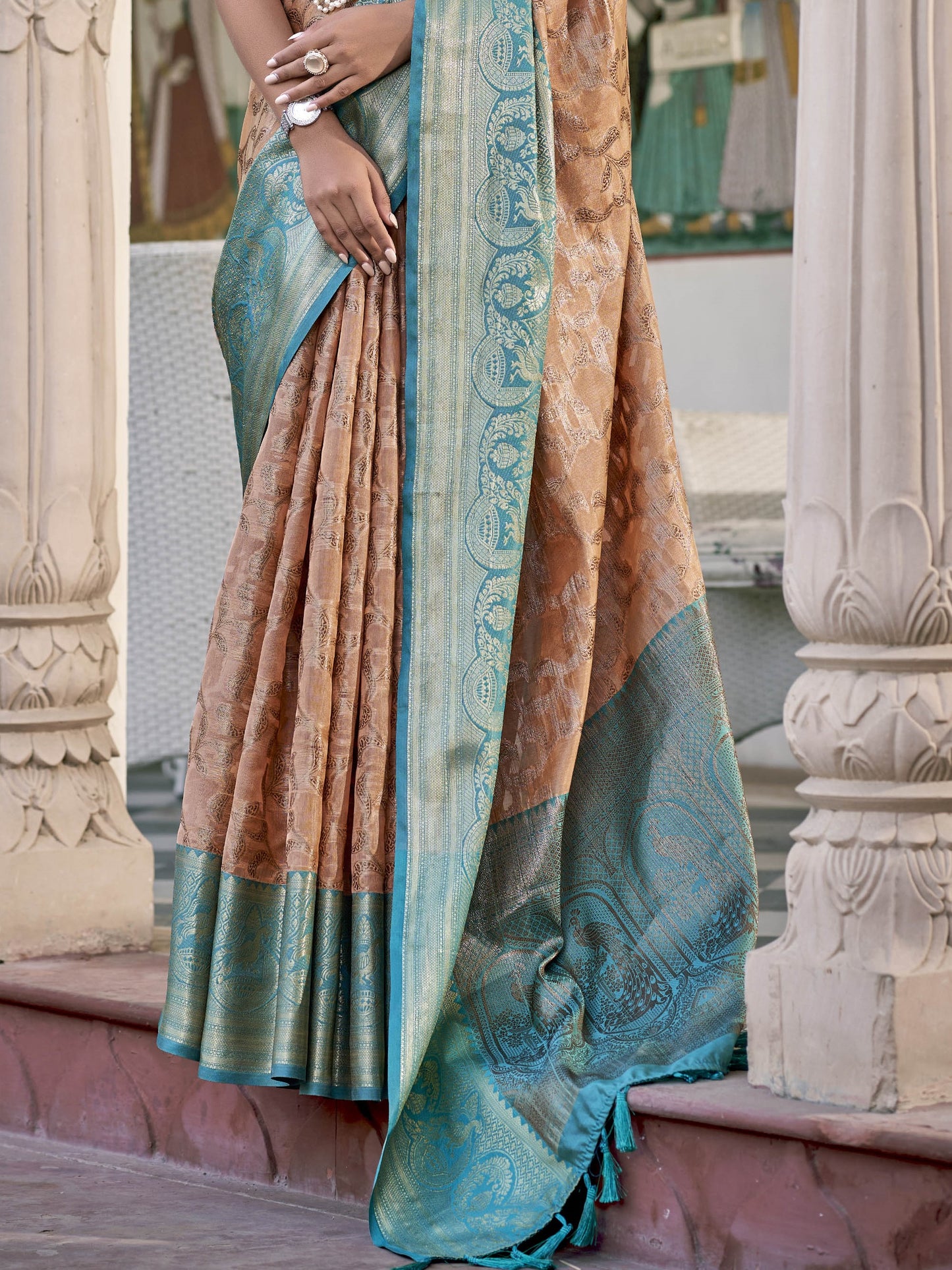 Sandy Brown Tissue Silk Saree