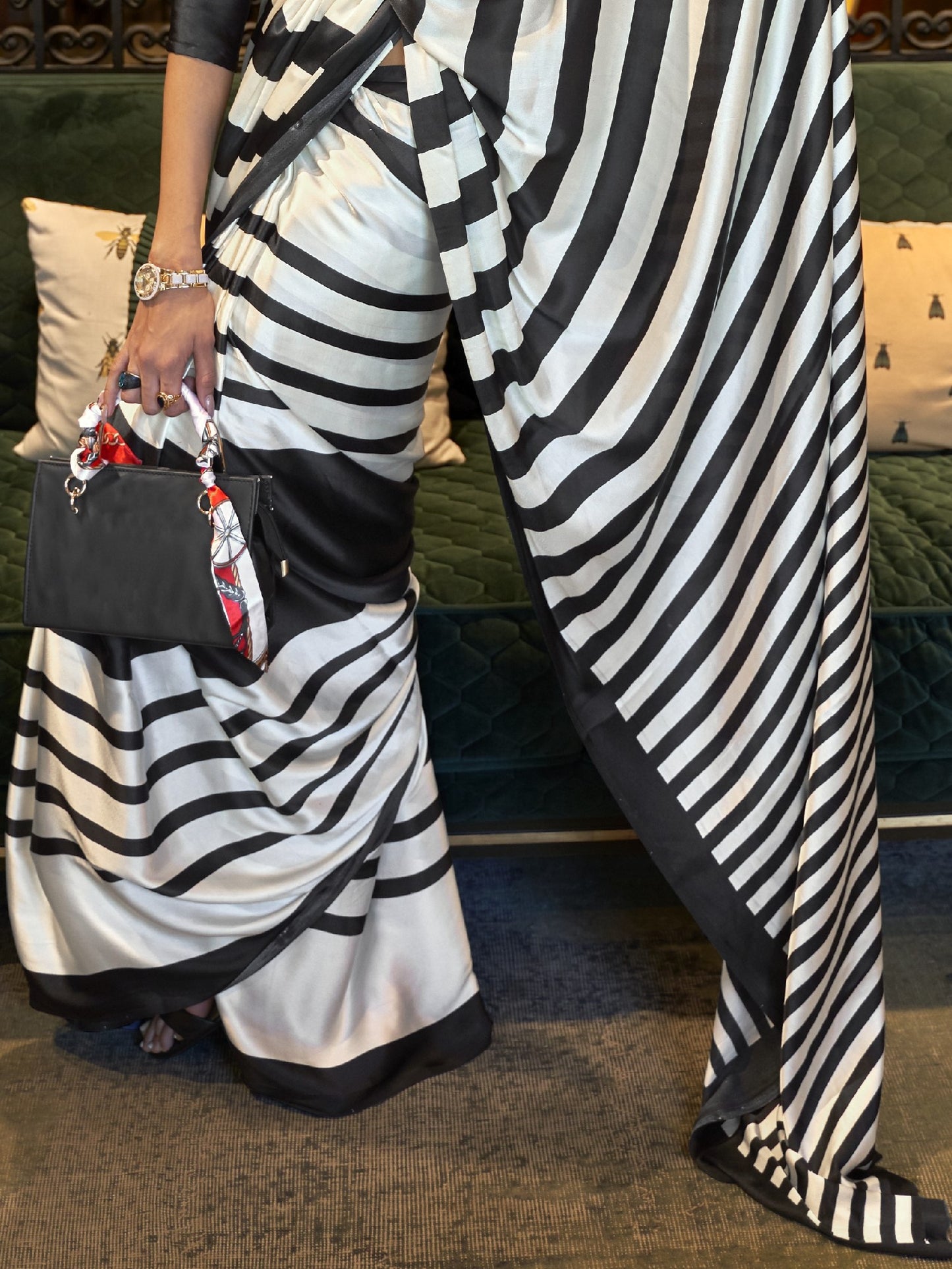 Black & White Satin Silk Printed Saree
