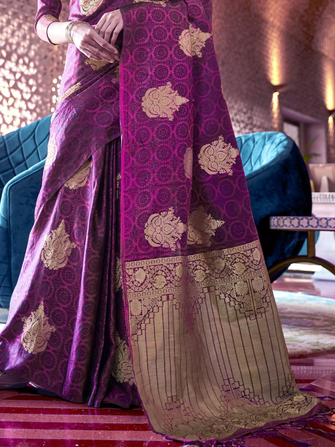 Dark Magenta Satin Silk Banarasi Saree